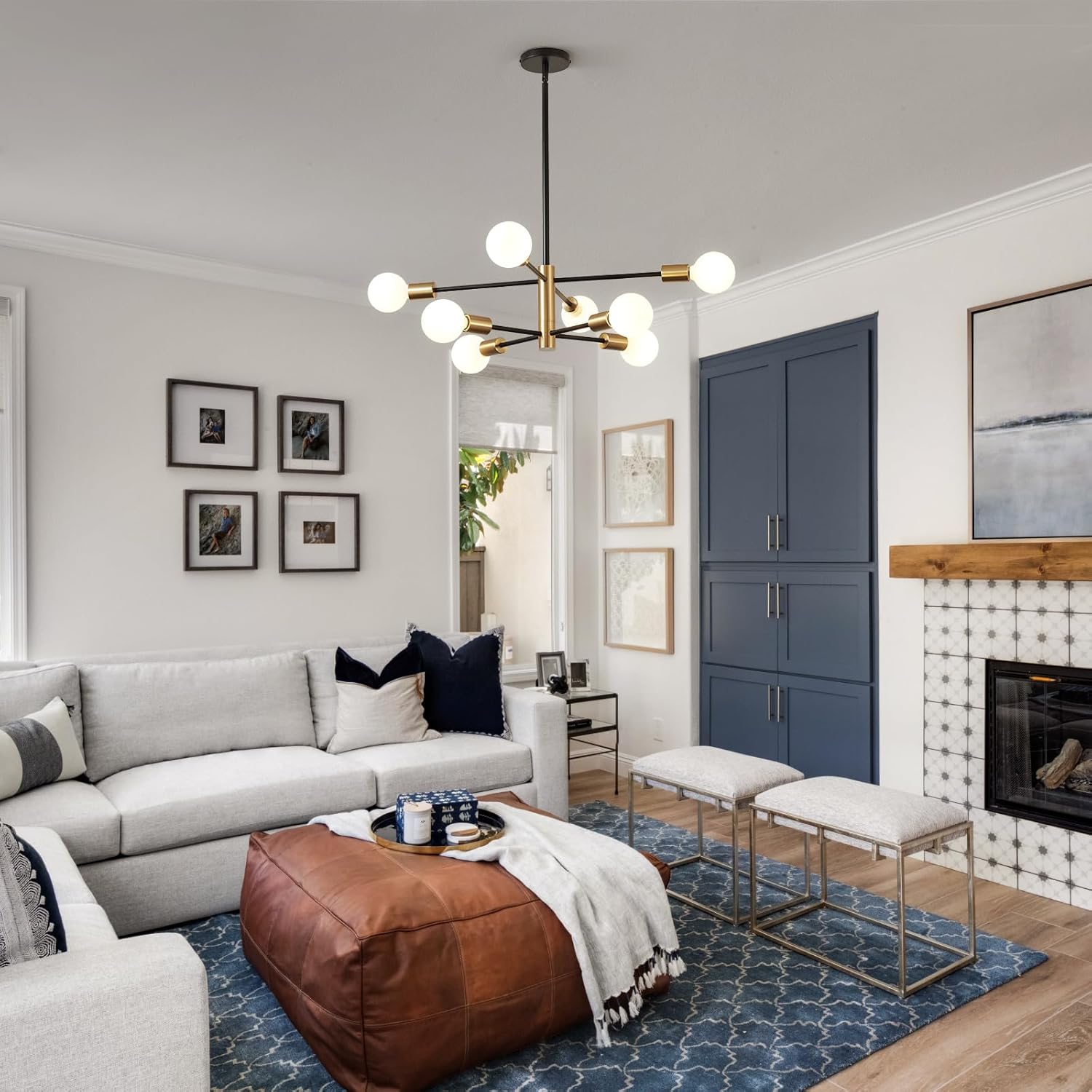 Żyrandol Sputnik, lampa wisząca 8-punktowa, lampa sufitowa w stylu retro industrial, nowoczesny żyrandol, czarno-złoty (bez białej żarówki) - 8