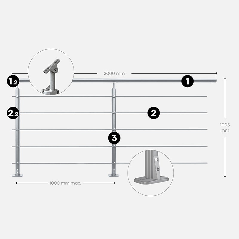 Kit garde-corps aluminium gris karako 2m pose à plat, Opalu KORDO - 4
