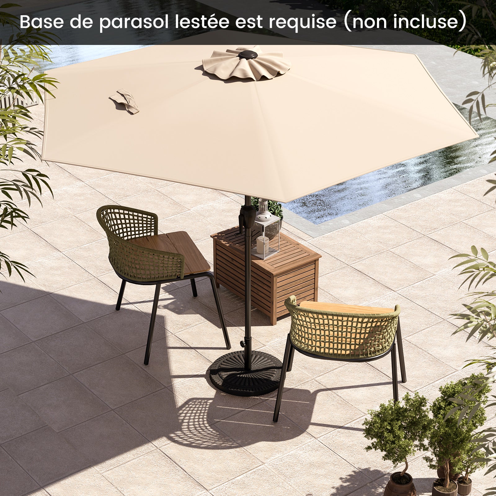 Parasol de Jardin Extérieur Ø 230 CM, Parasol Balcon sans Pied, Inclinaison Réglable à Bouton-Poussoir, 6 Baleines Robustes, Beige - 2