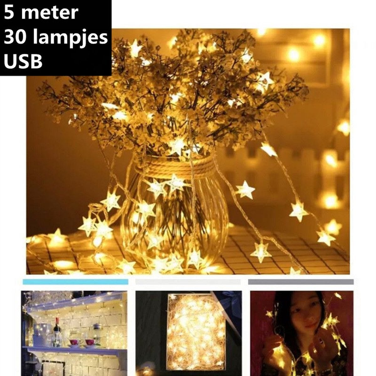 Fundal decorativ cu LED-uri cu șir de luminițe în formă de stea, 5 metri, 30 de luminițe, telecomandă USB, 8 moduri de intermitere, lumină albă caldă