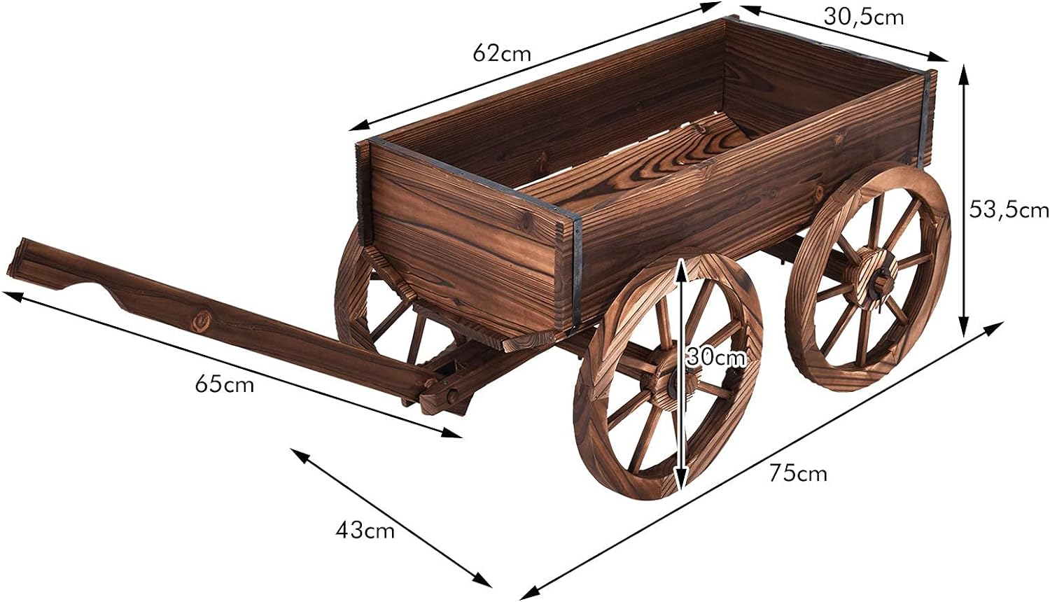 Jardinière en Bois de Sapin Brûlé 120 x 43 x 53 CM, Forme Brouette avec Poignée Reglable & 4 Roues & Trou de Drainage, Charge 50kg - 4