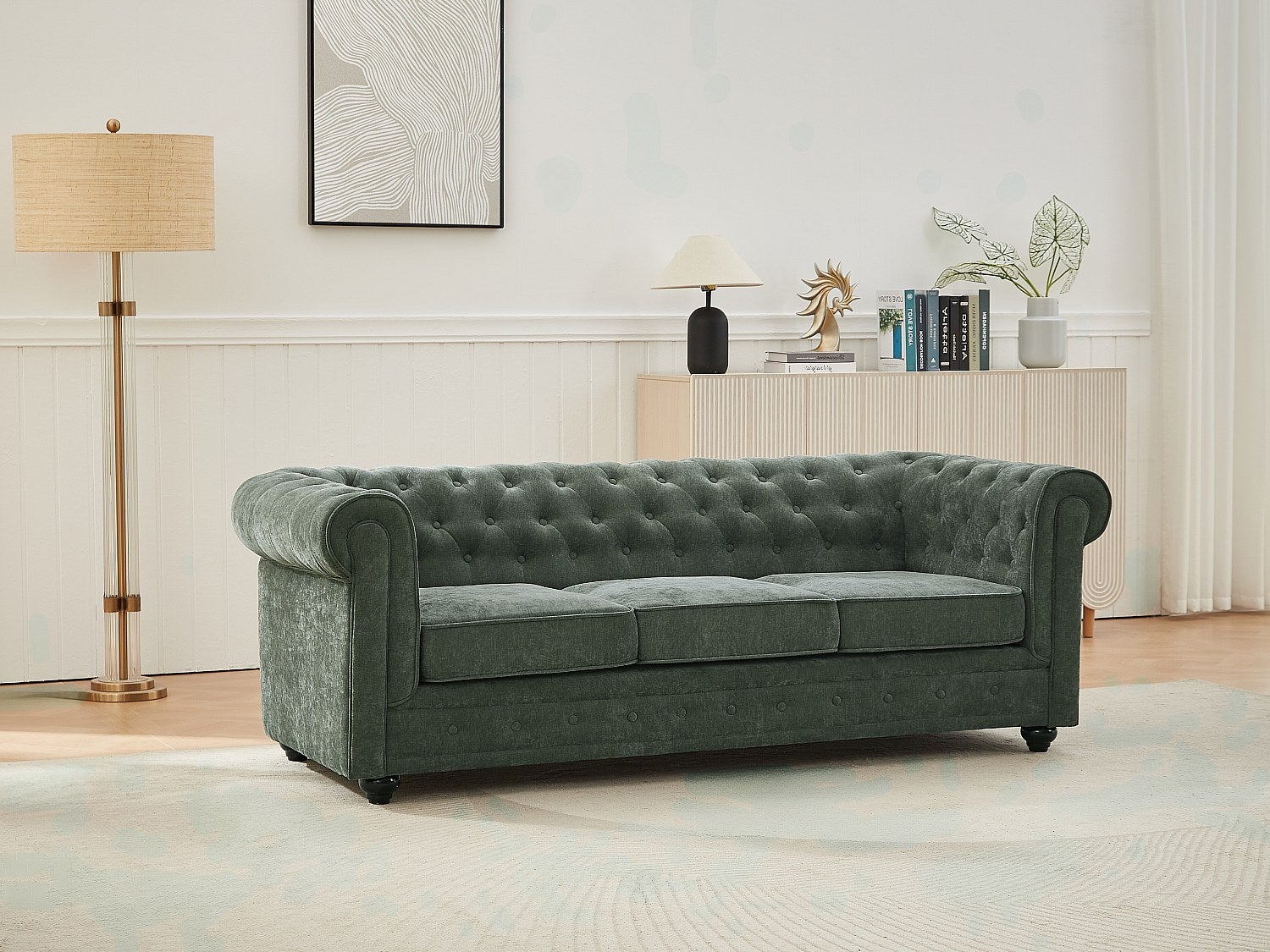 Kanapa 3-osobowa z zielonej tkaniny CHESTERFIELD