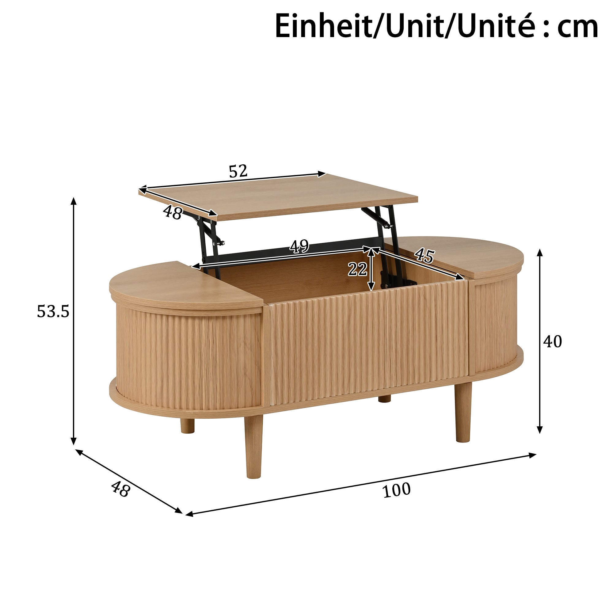 Table basse relevable multifonction 100x48x53,5cm avec rangement, style vintage multifonction pour salon, pieds en bois massif,couleur bois naturel - 4