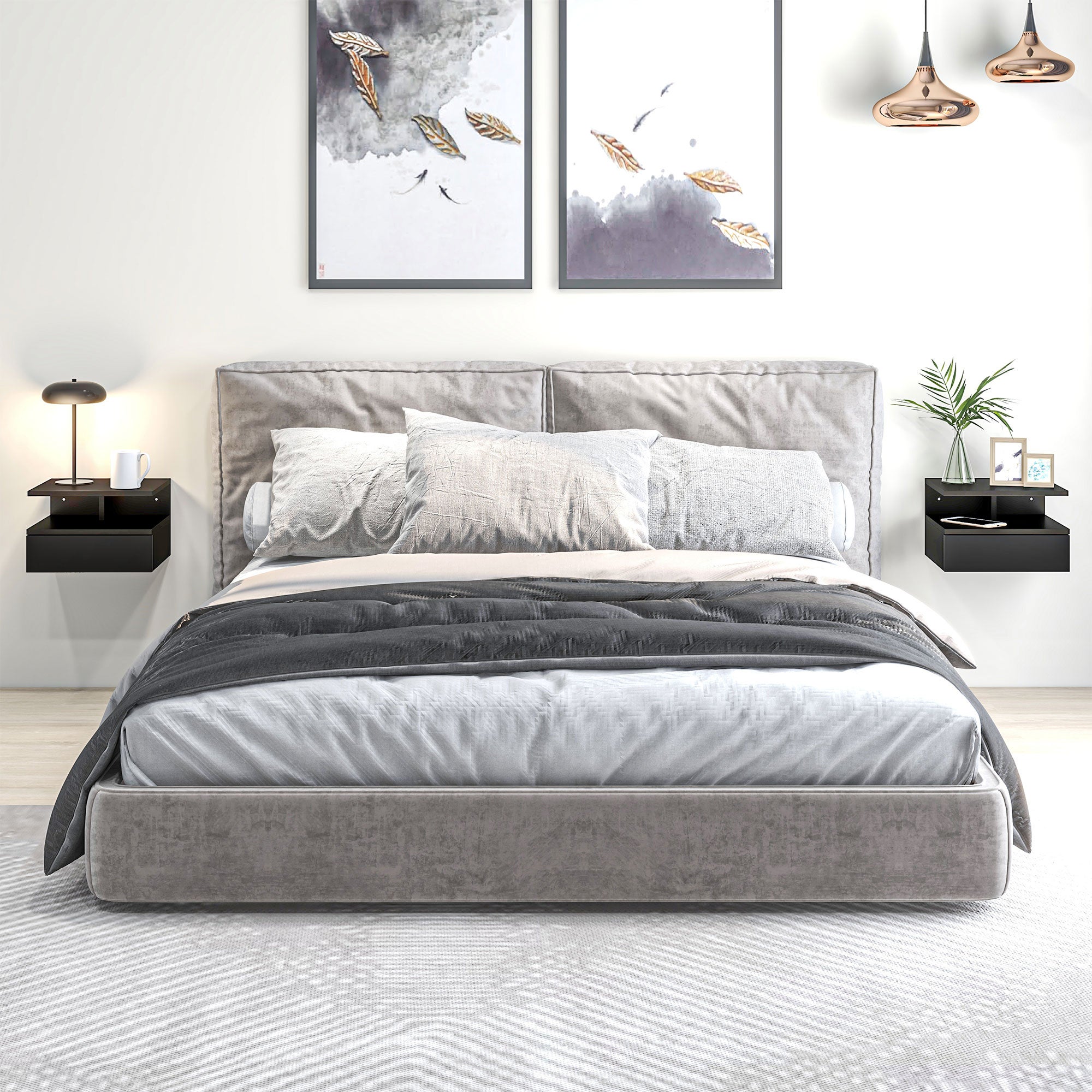 HOMCOM Set da 2 Comodini Moderni Sospesi per Camera da Letto con Cassetto e Mensola Superiore in Legno 35x32x22.5cm, Nero - 7