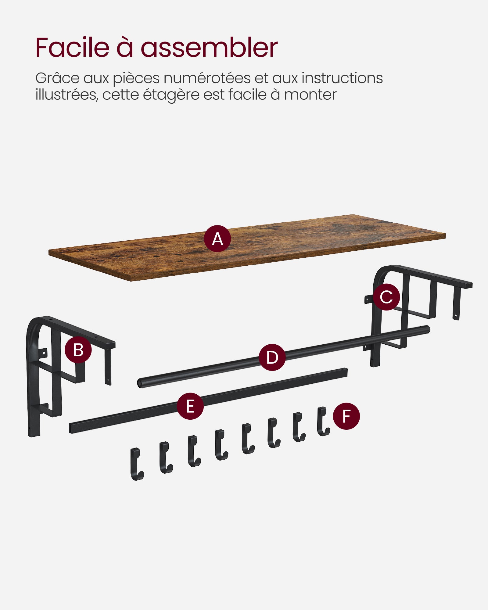 Étagère Murale Industrielle 5 Niveaux Avec 5 Crochets – En Métal Et Bois, Style échelle – Noir