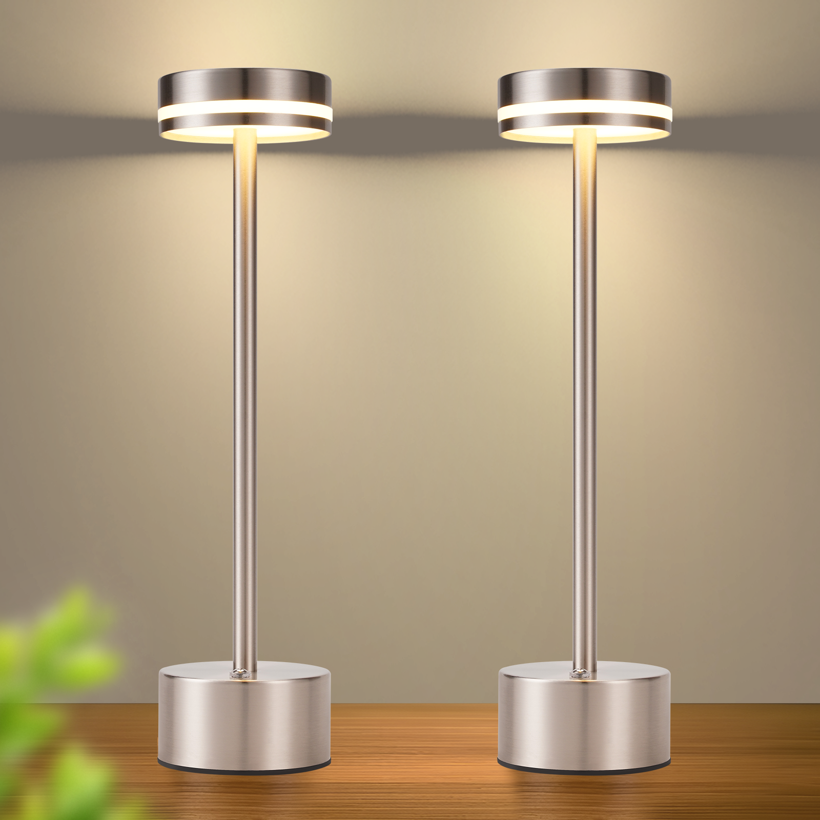 ZMH Lampa LED stołowa i nocna - Bezprzewodowa na baterie dotykowa regulacja natężenia W.32cm- Srebrna- Zestaw 2 szt.