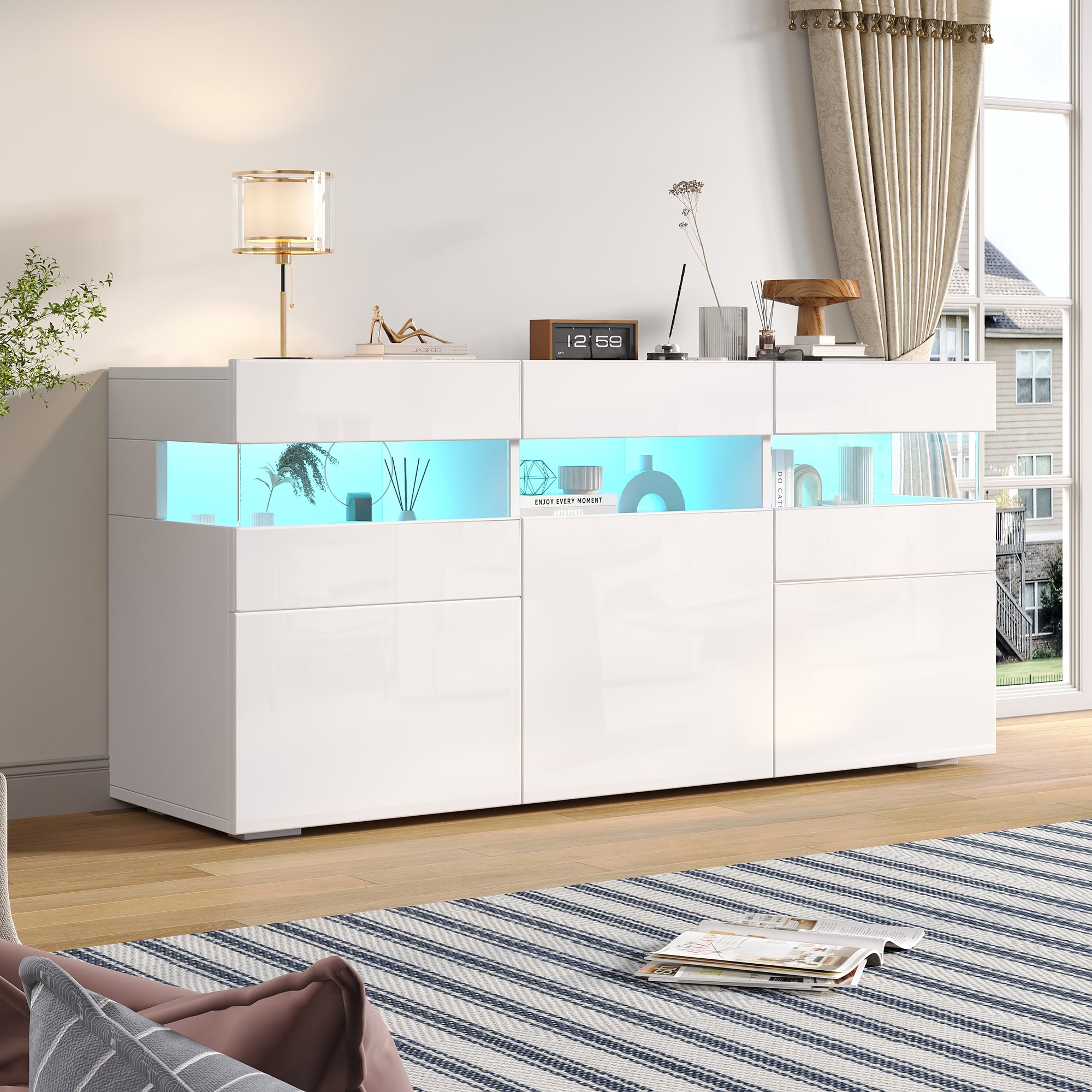 Komoda niska z 3 przezroczystymi drzwiami z akrylu - 140 x 40,5 x 66,5 cm - Diody LED - Płyta wiórowa - Biała