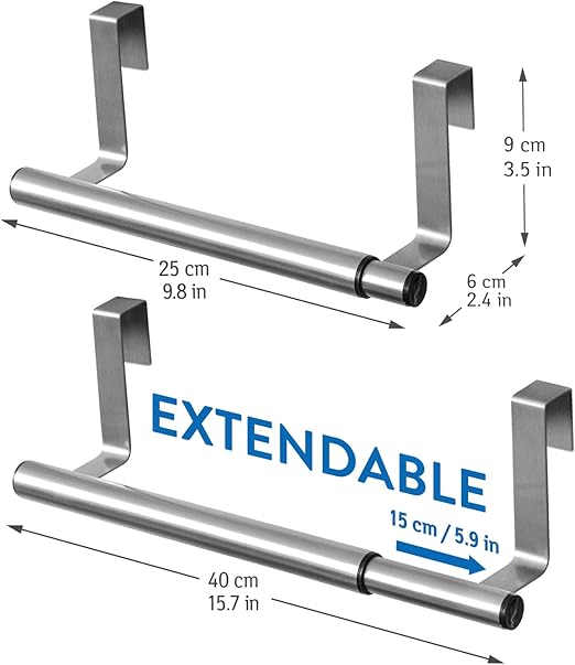 Rozkładany wieszak na ręczniki, wiszący na drzwiach szafek, 1-ramienny, rozkładany wieszak ze stali nierdzewnej, 25-40 x 8 x 9 cm, akcesoria kuchenne