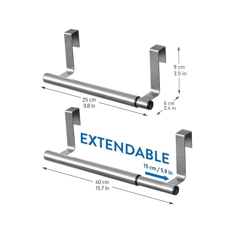 Rozkładany wieszak na ręczniki, wiszący na drzwiach szafek, 1-ramienny, rozkładany wieszak ze stali nierdzewnej, 25-40 x 8 x 9 cm, akcesoria kuchenne