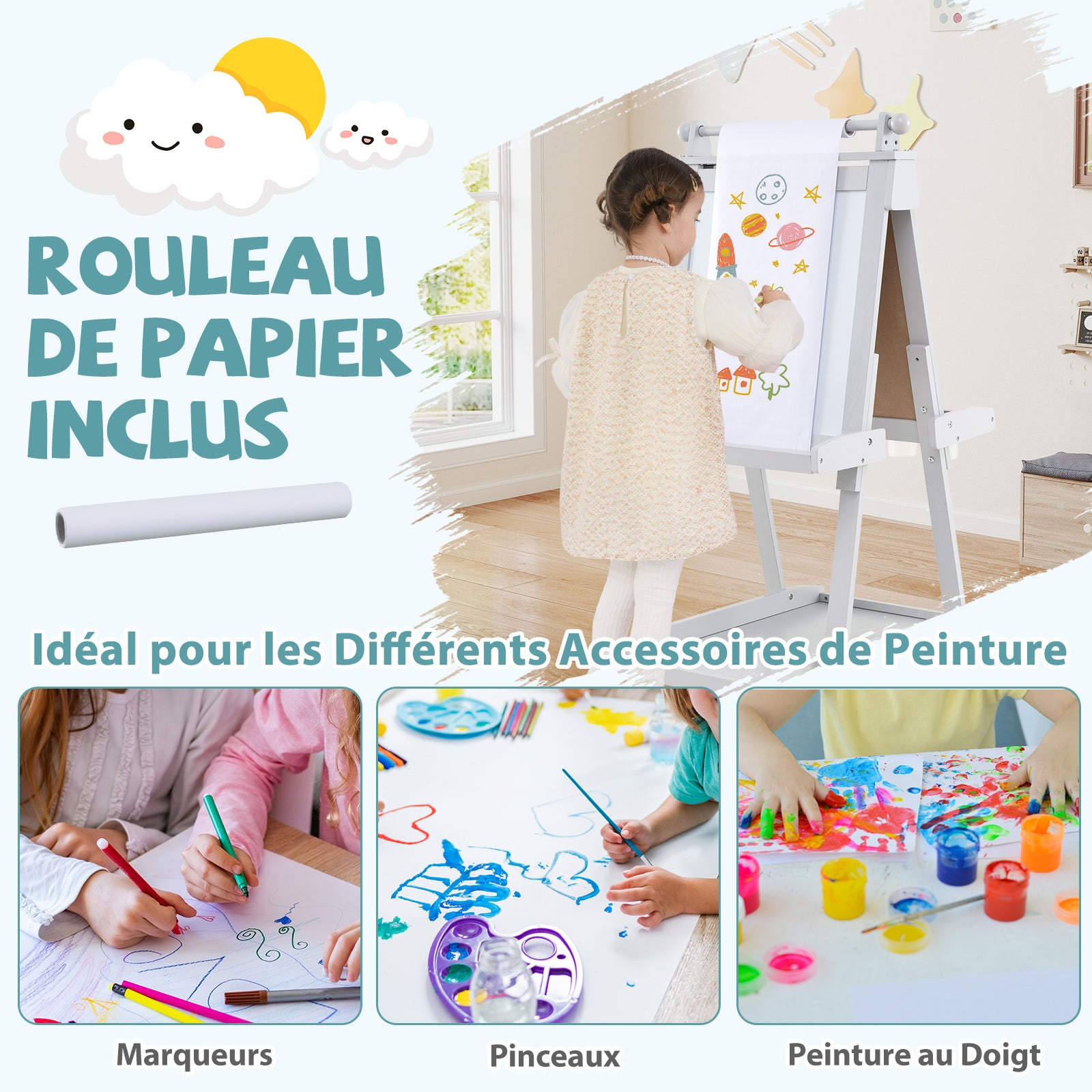 Chevalet Pliable pour Enfants, Double Face avec Tableau Noir et Tableau Blanc Magnétique, Rouleau de Papier Remplaçable, 3 Gobelets, Gris - 6