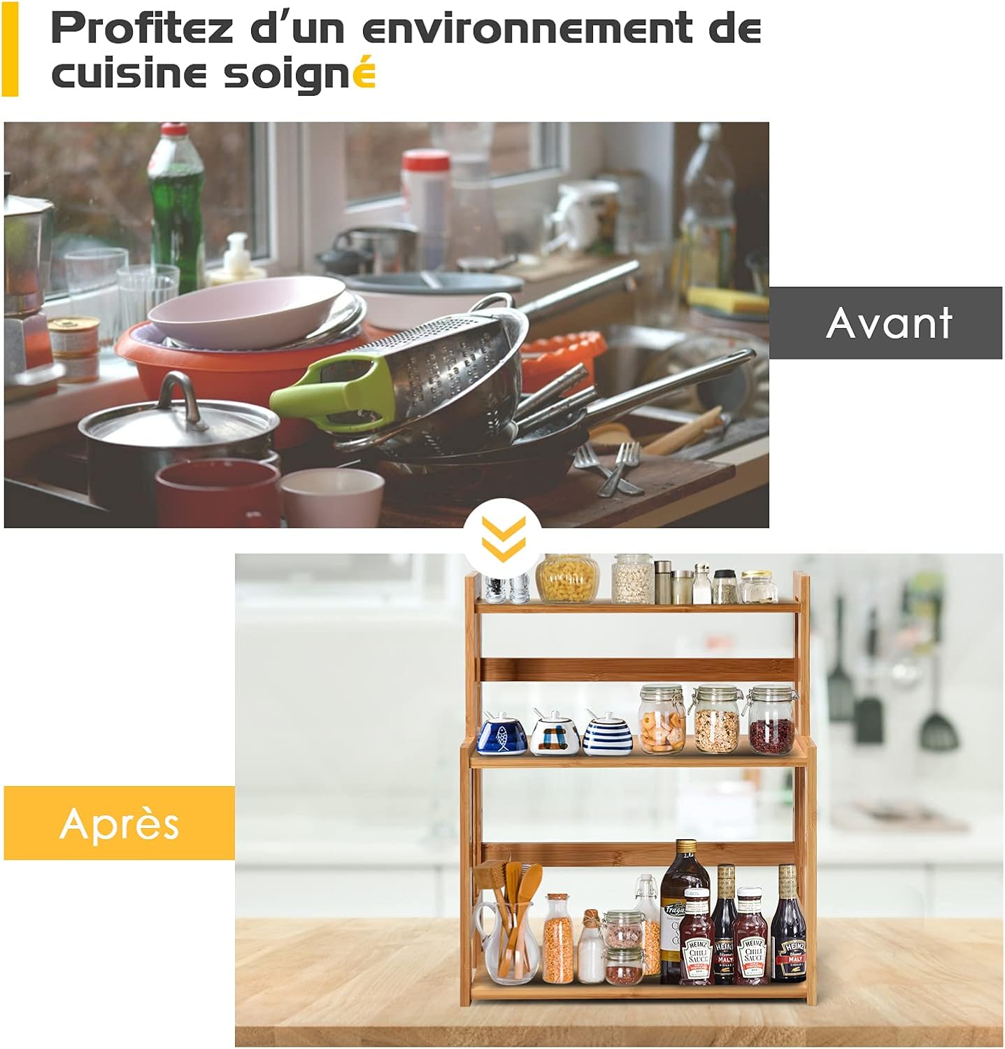 Étagère à Épices en Bambou Naturel, Porte-Épice à 3 Niveaux avec Tablette Réglable en Hauteur, Étagère de Rangement pour Cuisine, 41,5x18x50 CM - 6