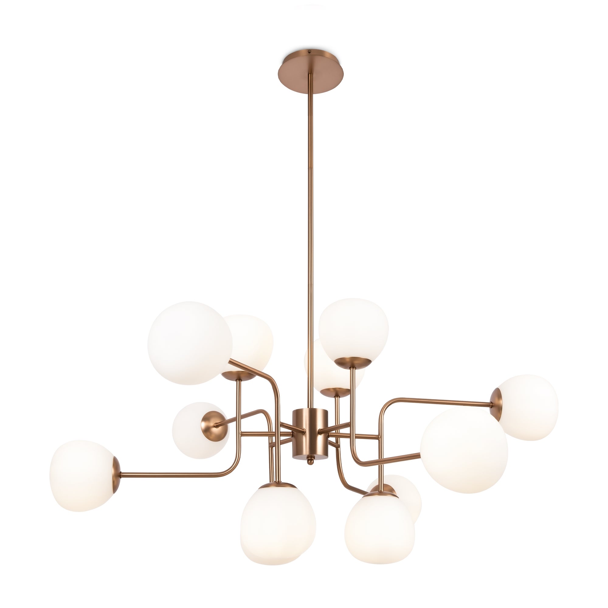 Żyrandol Erich w stylu nowoczesnym Art Déco, metalowa rama w kolorze złotym, IP 20, AC 220-240, klosze ze szkła białego, 12 żarówek.