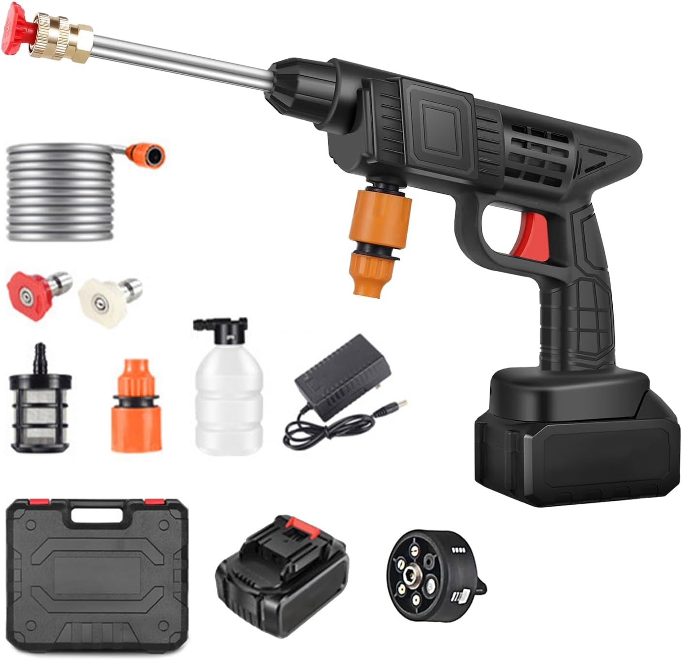 Nettoyeur Voiture Portable Nettoyeur Haute Pression Sans Fil 90 Bar - 6Ah - Buse 6 En 1 - Tuyau 5m - Portable Batterie 48v