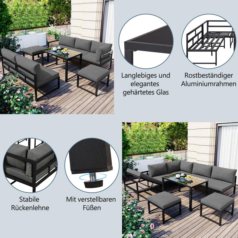Ensemble de Salon de Jardin, Canapé Extérieur en Aluminium avec Dossier Réglable, Ensemble de 4 Pièces avec Coussins pour Jardin, Balcon ou Patio - 4