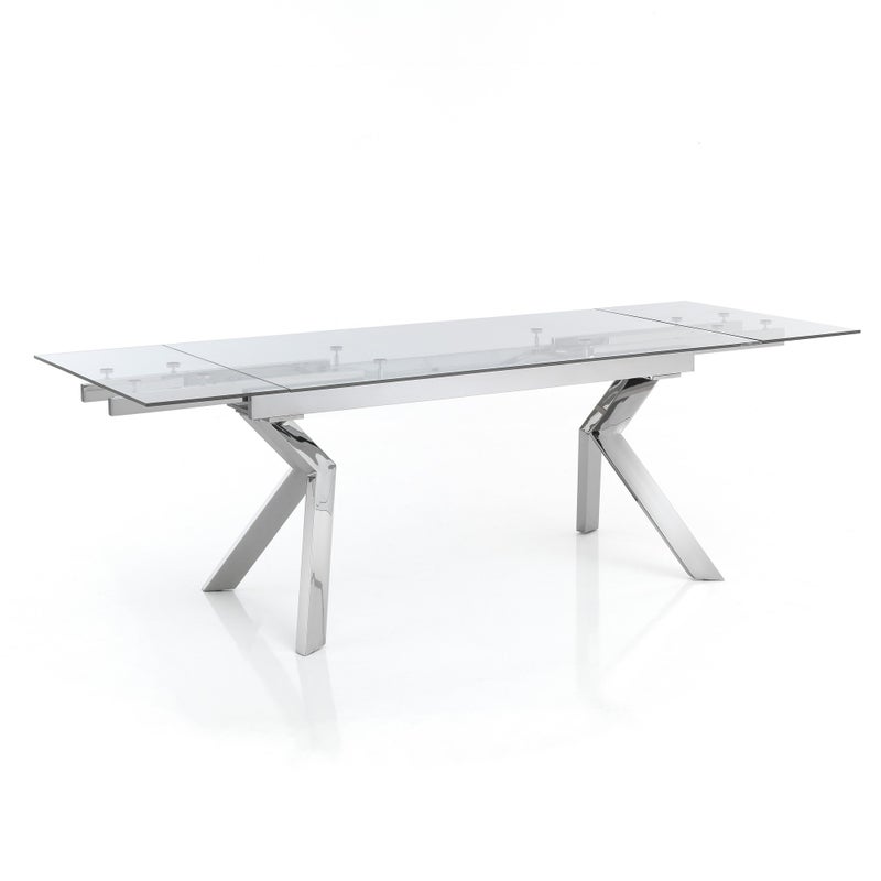 Stół rozkładany DAVEN, szkło przezroczyste i stal chromowana, dł. 160/240 cm, 10 miejsc, idealny do jadalni