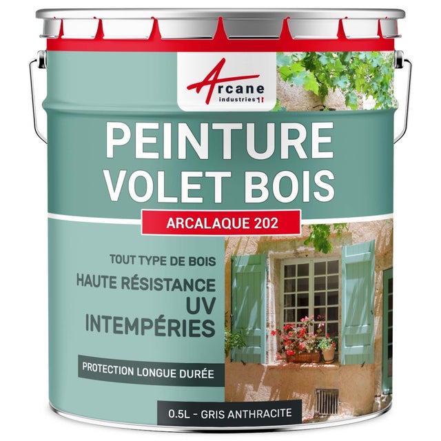 Peinture volet bois extérieur - Laque effet tendu longue durée Gris Anthracite - RAL 7016 - 0.5 L - ARCANE INDUSTRIES