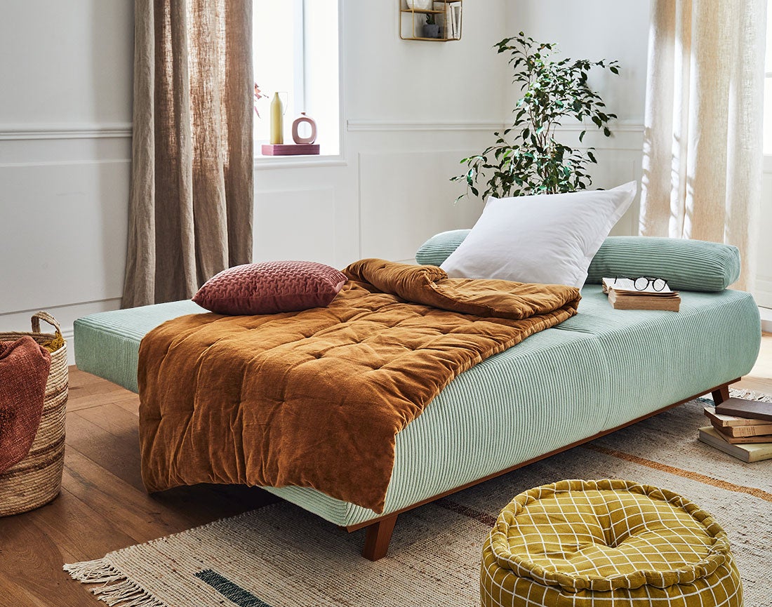 Canapé droit convertible 3 places en velours côtelé bleu - CRISTAL - Best Mobilier - 4