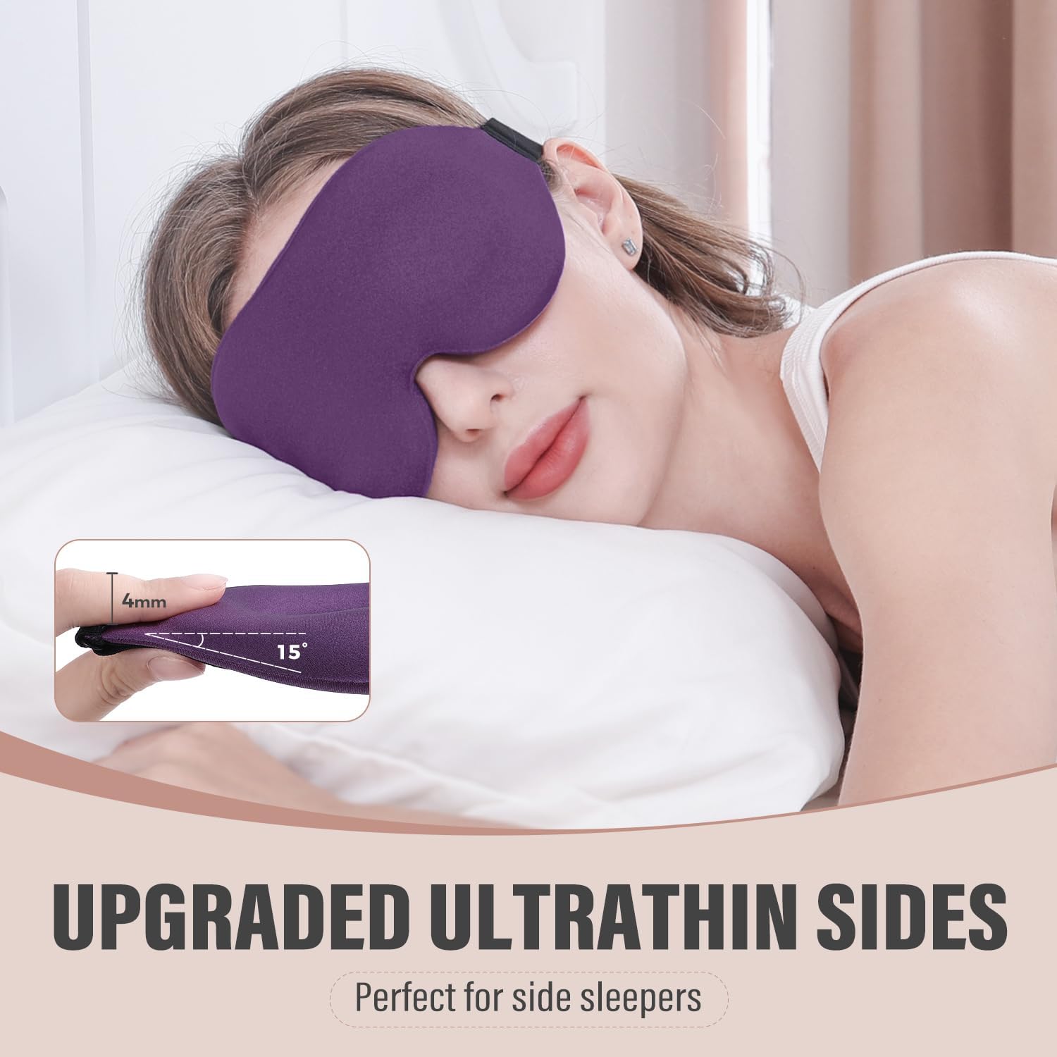 Masque de sommeil violet pour dormir sur le côté (1 pièce) - Masque de sommeil 3D occultant - Doux, respirant, relaxant, sans pression - 2