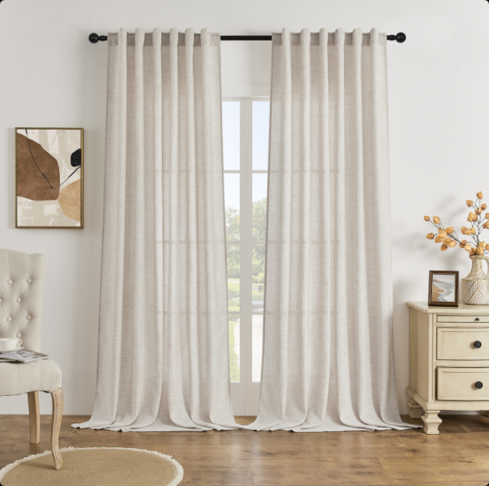 Zestaw 2 sztuk Zestaw zasłon do salonu – wygląd lnu – półprzezroczyste – do pokoju dziecięcego – 214 x 127 cm (wys. x szer.) – jasnobrązowe
