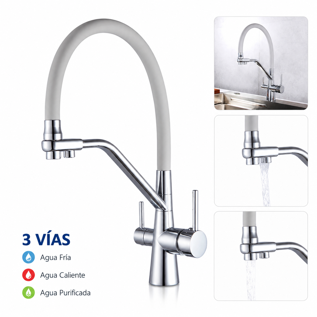 ​grifo de cocina victova osmosis plateado y gris con 3 vías osmose (agua fría/caliente), canal independiente. latón duradero