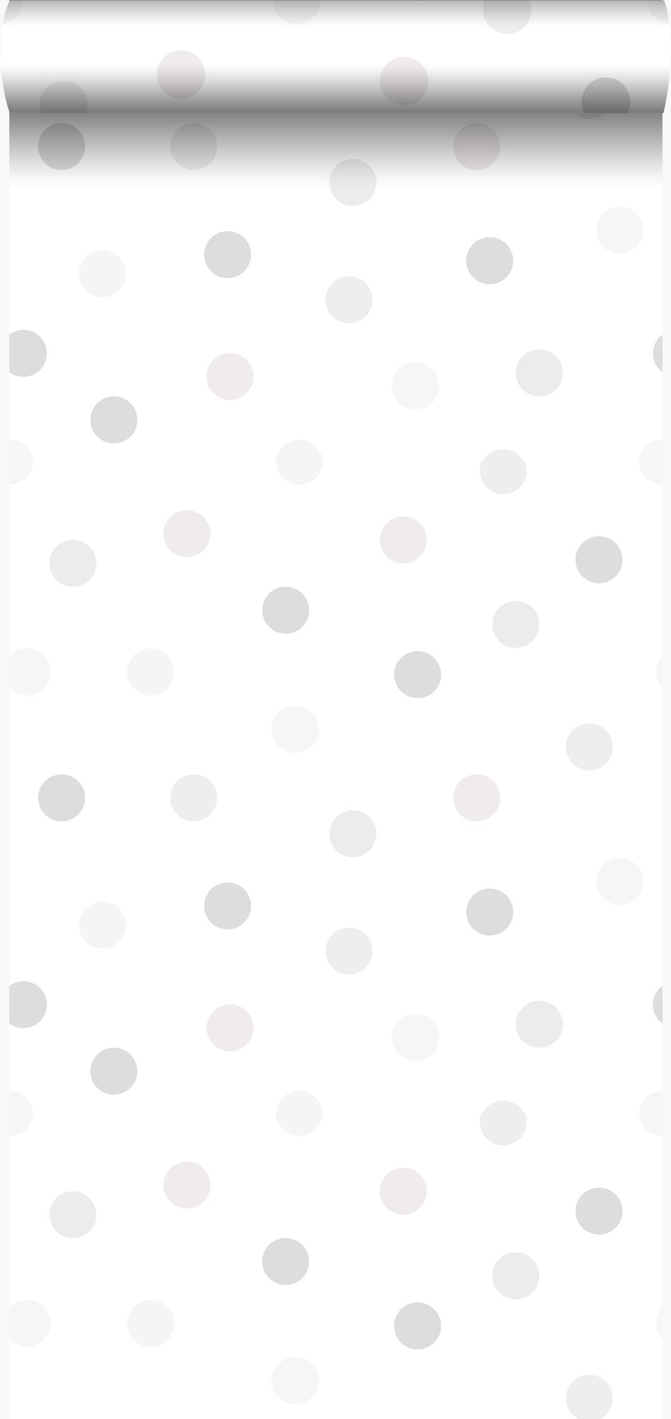 Papel pintado puntos lunares polka dots beige crema claro, gris claro cálido y gris plata brillante - 53 cm x 10,05 m - origin wallcoverings