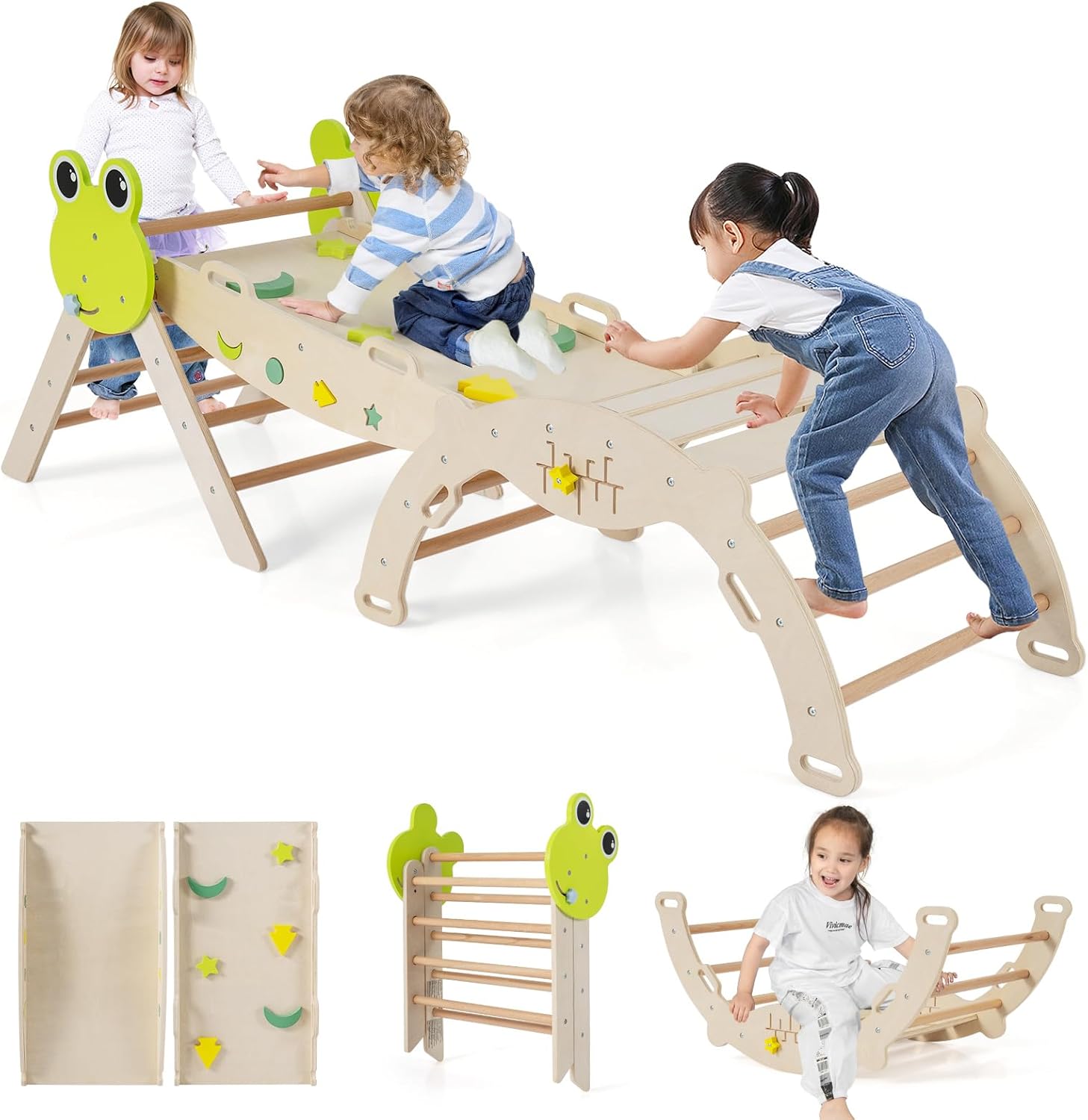 7 w 1 Trójkąt Wspinaczkowy Montessori dla Dzieci powyżej 1 Roku Życia, Składany Drewniany Tor z Łukiem, Liną i Drabinką (Żaba | 7 w 1, Naturalny)