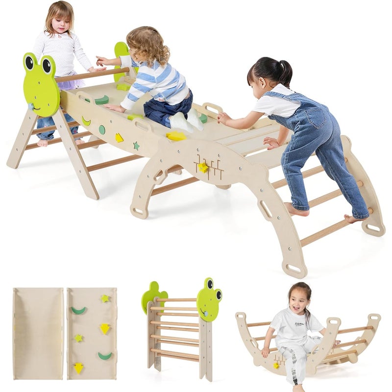 7 w 1 Trójkąt Wspinaczkowy Montessori dla Dzieci powyżej 1 Roku Życia, Składany Drewniany Tor z Łukiem, Liną i Drabinką (Żaba | 7 w 1, Naturalny)