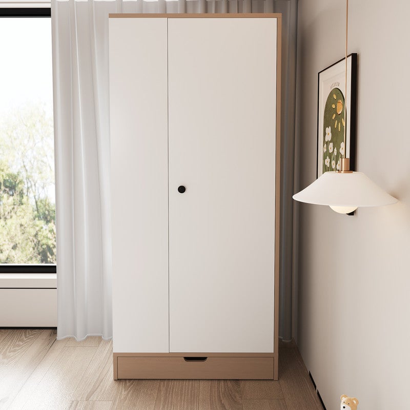 Szafa 70x40x170 cm - 1 drzwi - z półkami - 1 szuflada - Biała + Naturalna