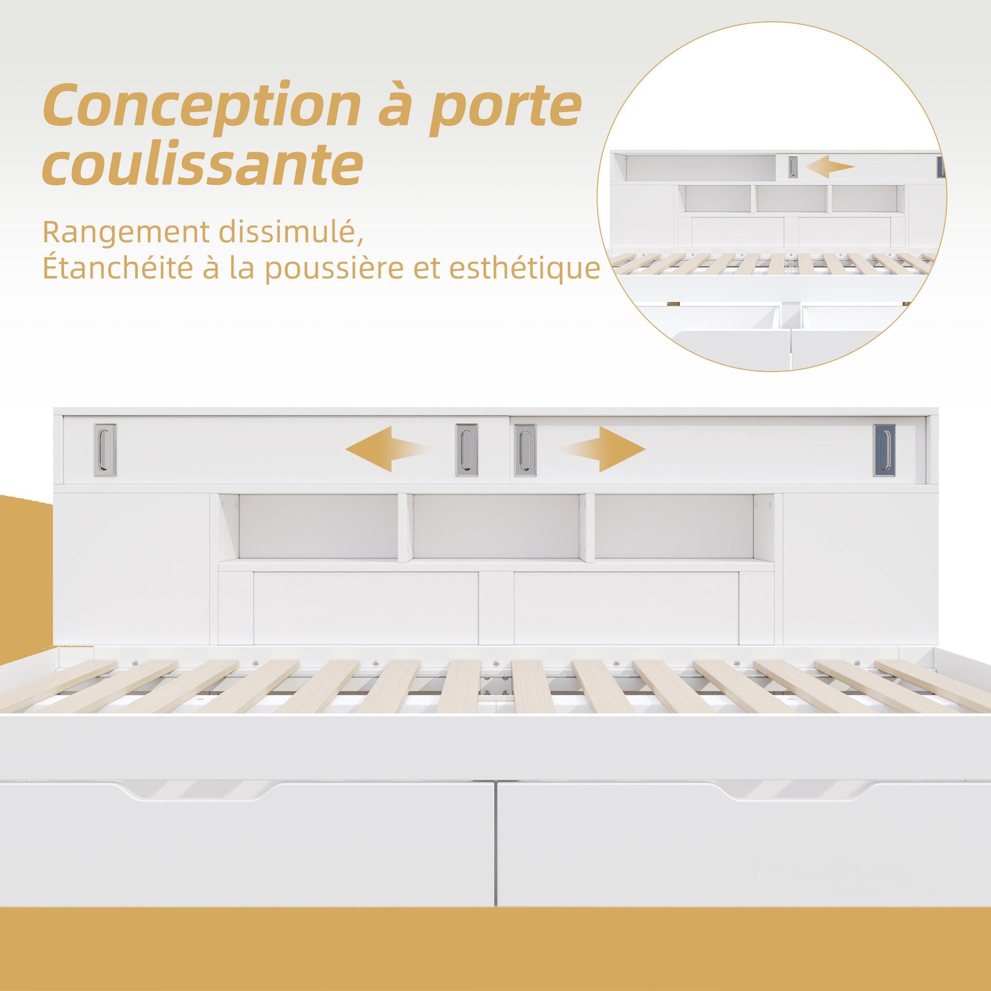 Lit enfant 140x190 cm - Avec 2 tiroirs - Armoire à portes coulissantes - Étagères latérales réglables - MDF - Blanc (sans matelas) - 4