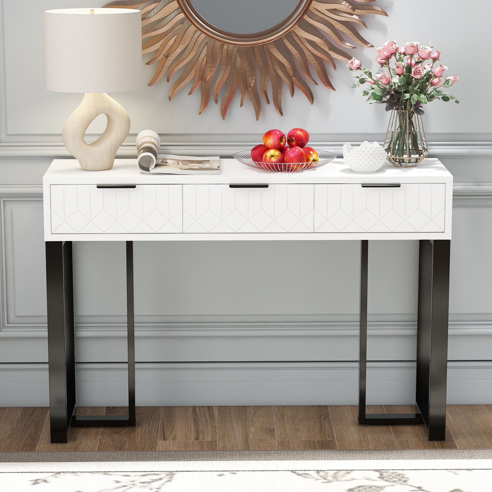 Table console moderne avec 3 tiroirs - 120 x 36 x 80 cm - MDF - pour salon, couloir - blanc + noir - 2