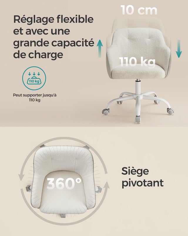 Chaise de Bureau, Fauteuil Ergonomique, Siège Pivotant, Réglable en Hauteur, Capacité 110 kg, Tissu Peluche Respirant et PU, Beige Cappuccino - 6