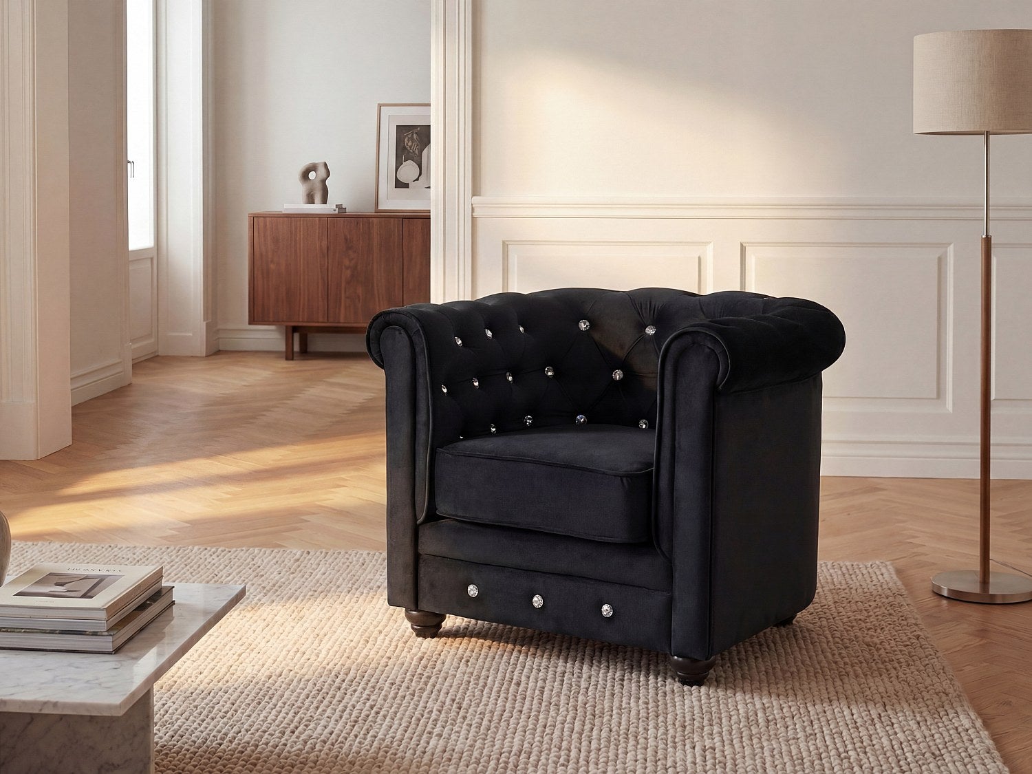 Fotel CHESTERFIELD – welur w kolorze czarnym z kryształowymi guzikami