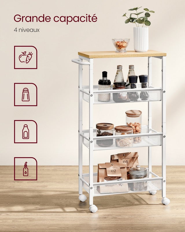 Desserte 4 Niveaux, Étagère de Cuisine Fin avec Roulettes, Poignée, 22 x 45,5 x 77 cm, Beige Chêne et Blanc Classique - 3