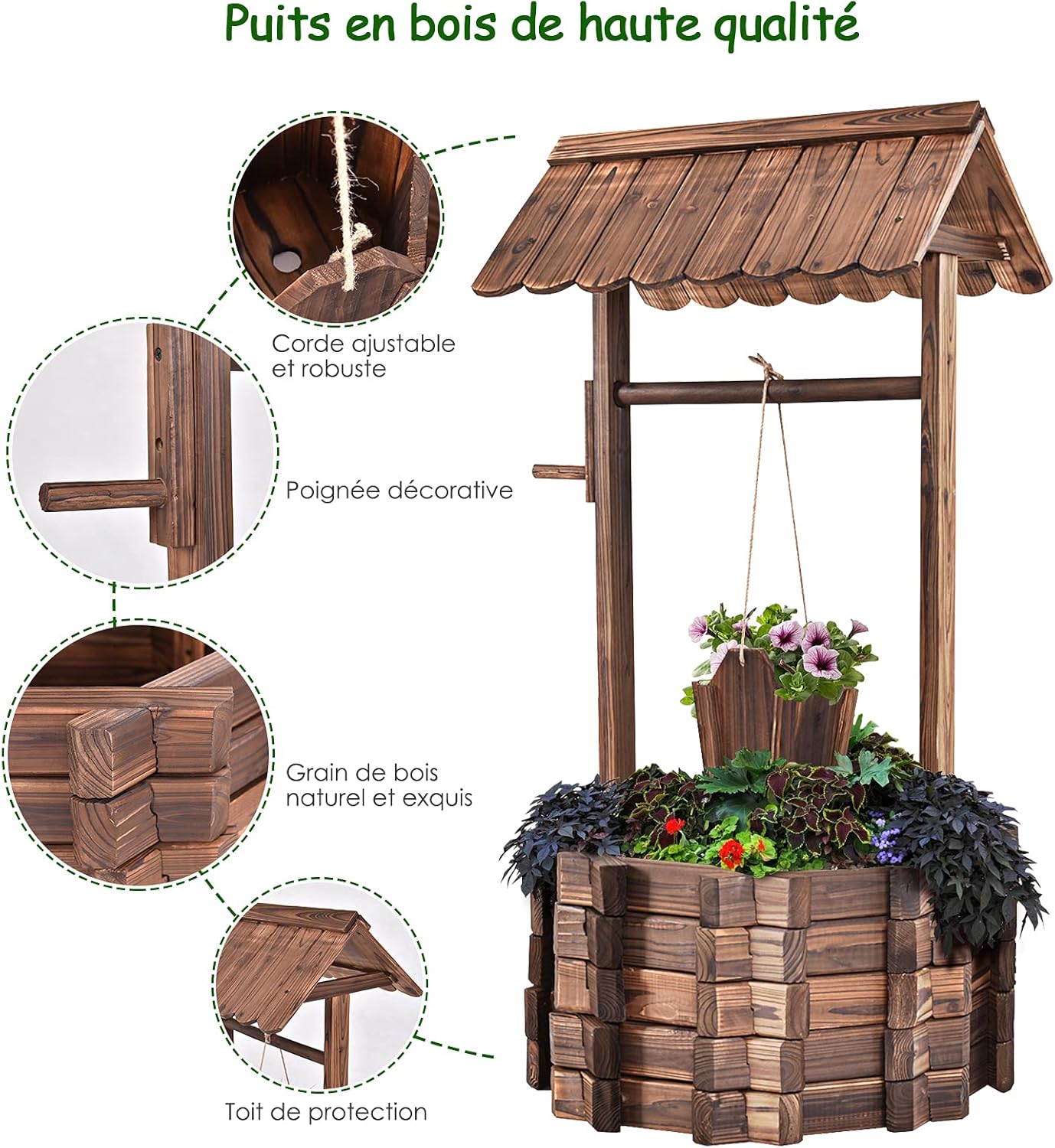 Pozzo Decorativo da Giardino, Fioriera in Legno d'Abete con Pozzo, Secchio e Tetto, Resistente alle Intemperie, Effetto Invecchiamento,57 x 57 x 114cm - 2