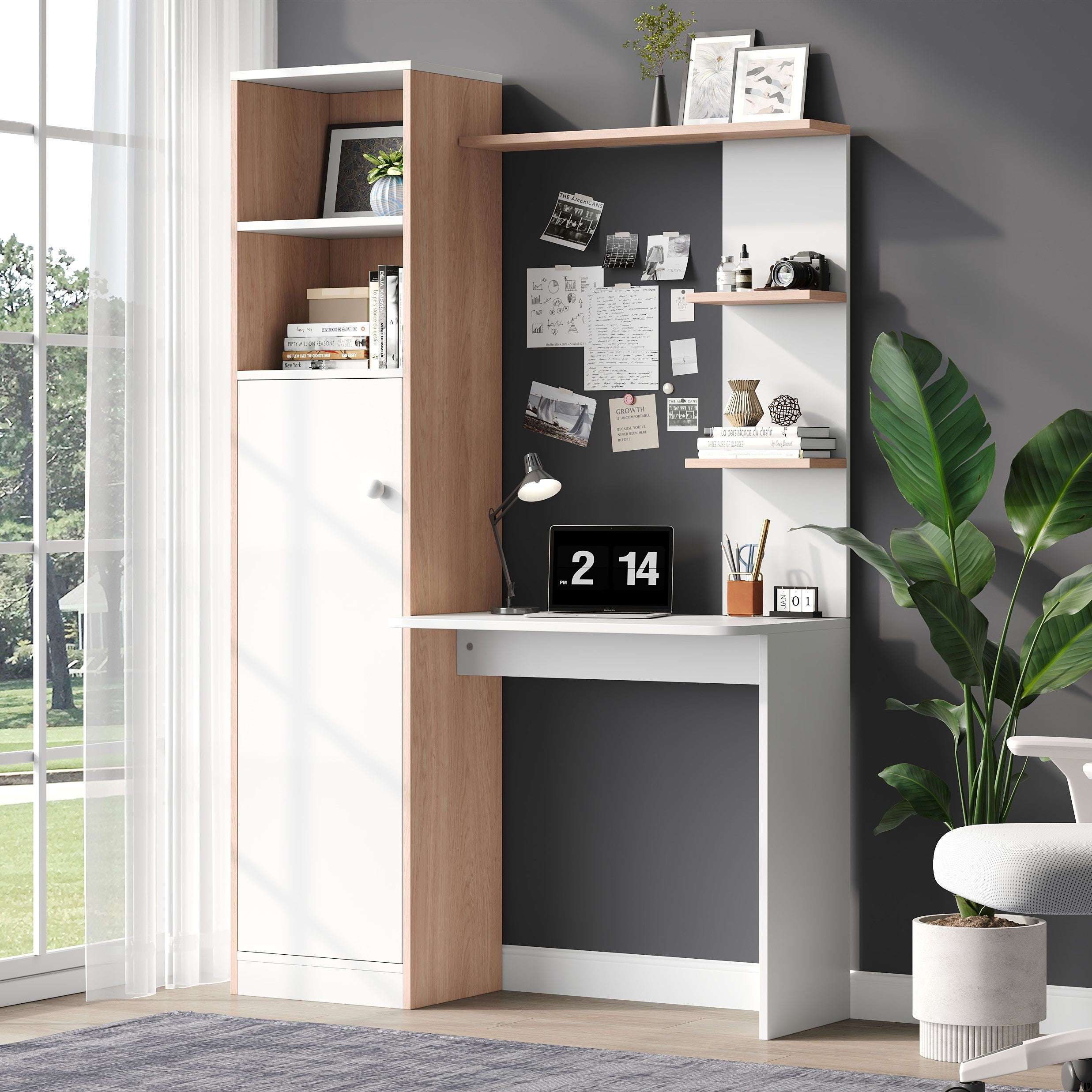 Biurko 123,5 x 45 x 168,5 cm - 1 drzwi - z otwartymi półkami - MDF - białe + naturalne