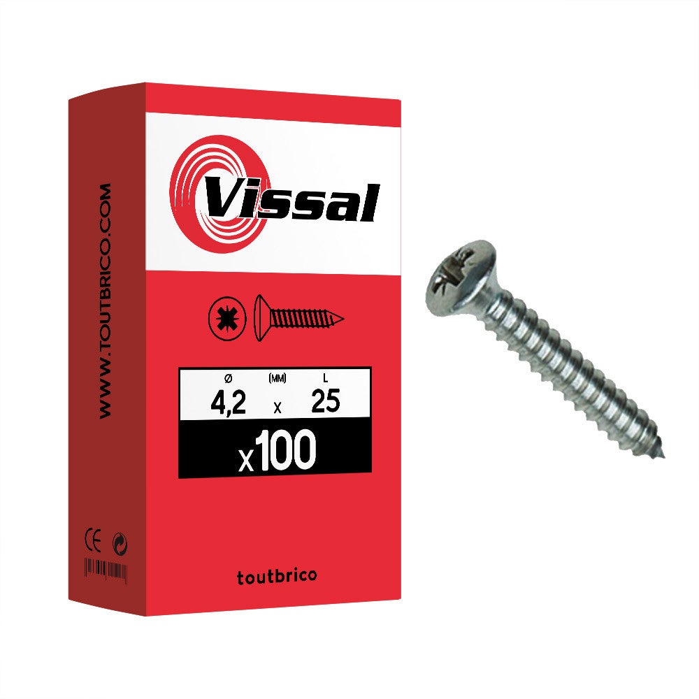 Boite 100 vis tôle 4,2 x 25mm tête fraisée bombée zingué - Vissal ...