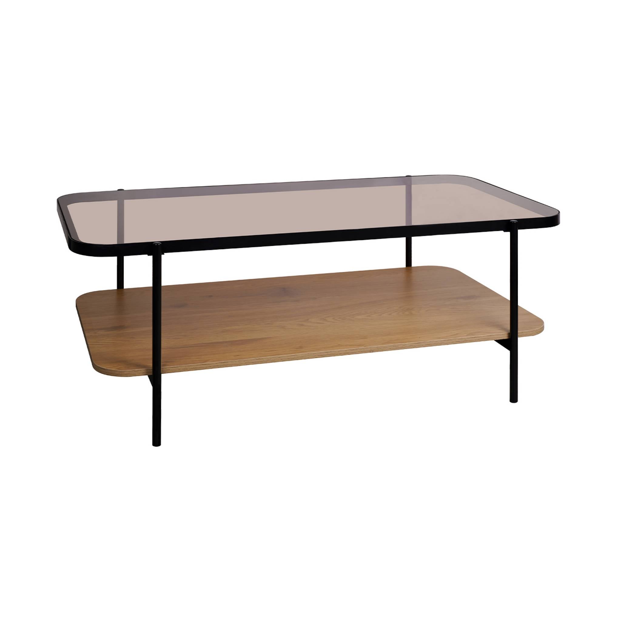 Console Vintage Sweeek Métal Noir 2 Plateaux - Verre Trempé + Décor Bois, Bords Arrondis, Style Rétro Élégant 110 Cm