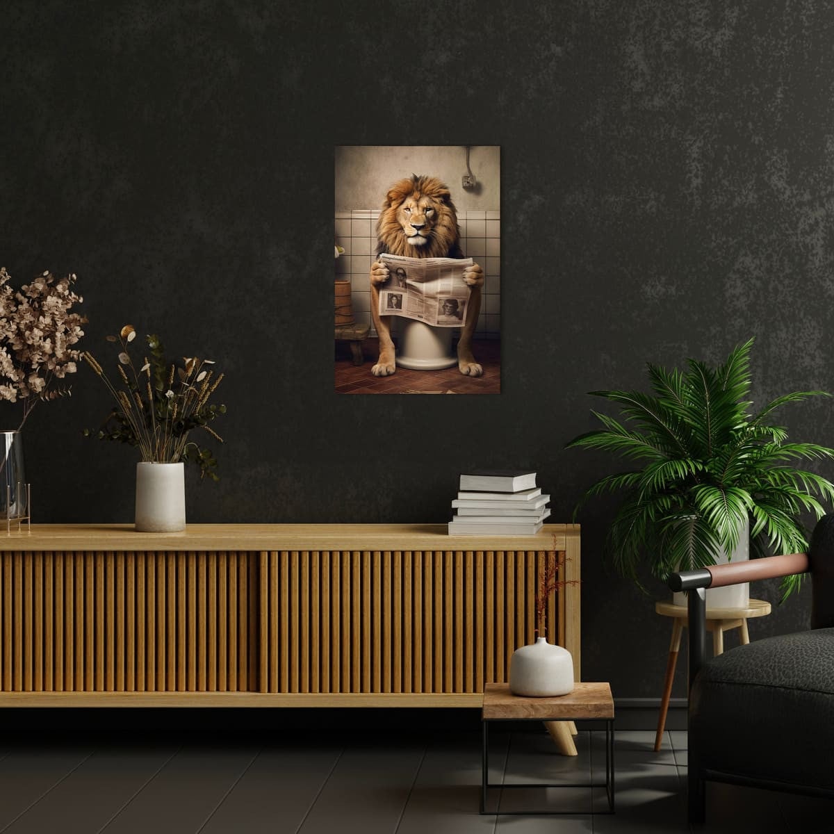 Tableau sur toile Lion sur les toilettes avec journal 45x65 cm - 2
