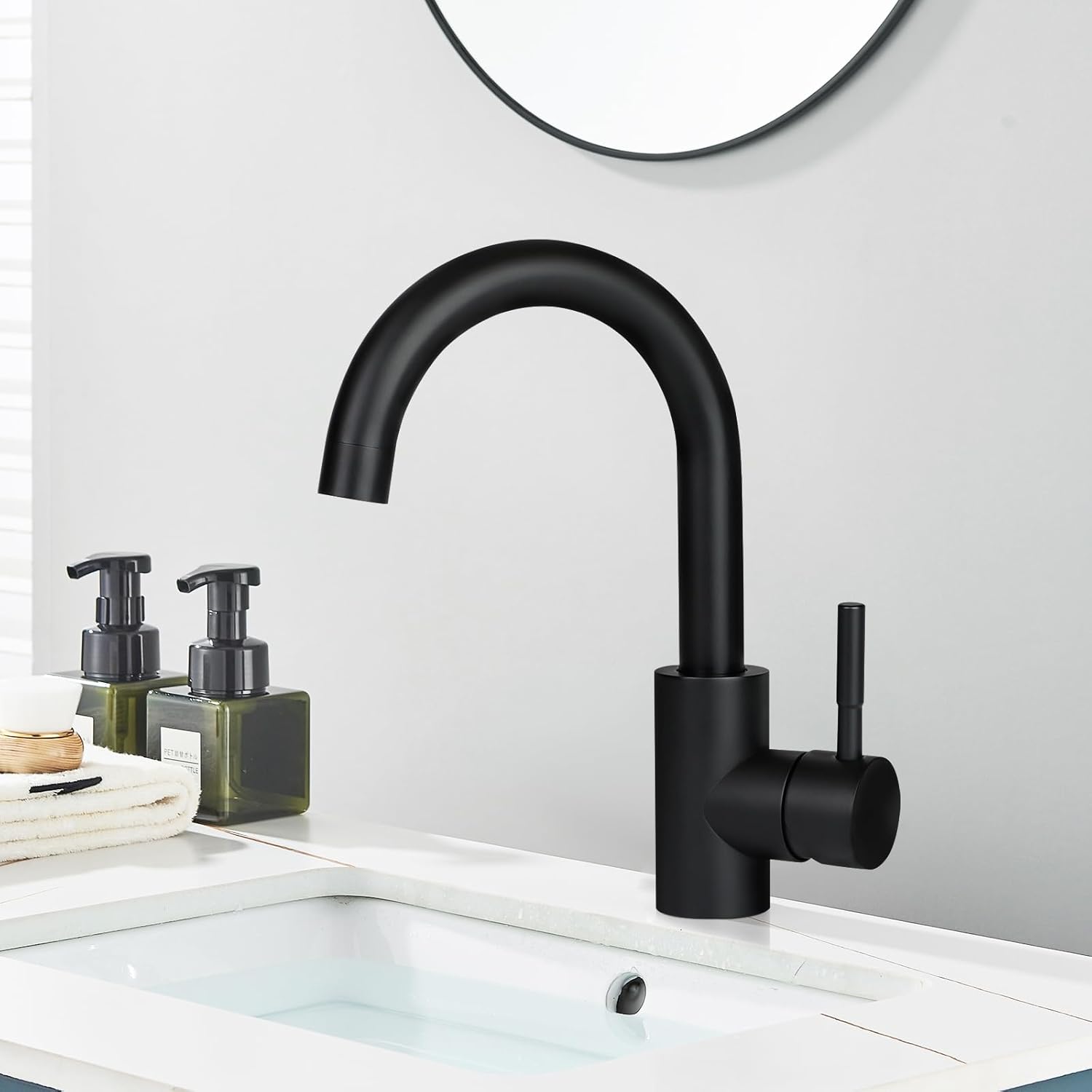 ZMH Bateria umywalkowa Czarna z wysoką wylewką i dźwignią obrotową 360° ze stali nierdzewnej o wysokim ciśnieniu