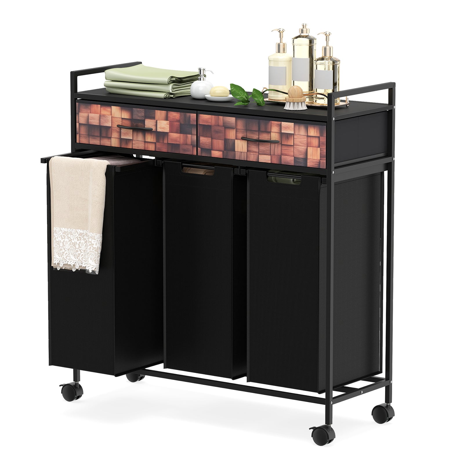 Coș de rufe cu 2 sertare pe roți, cărucior pentru rufe cu 2 compartimente, 3 x 45 l, 3 coșuri de rufe detașabile țesătură Oxford, raft
