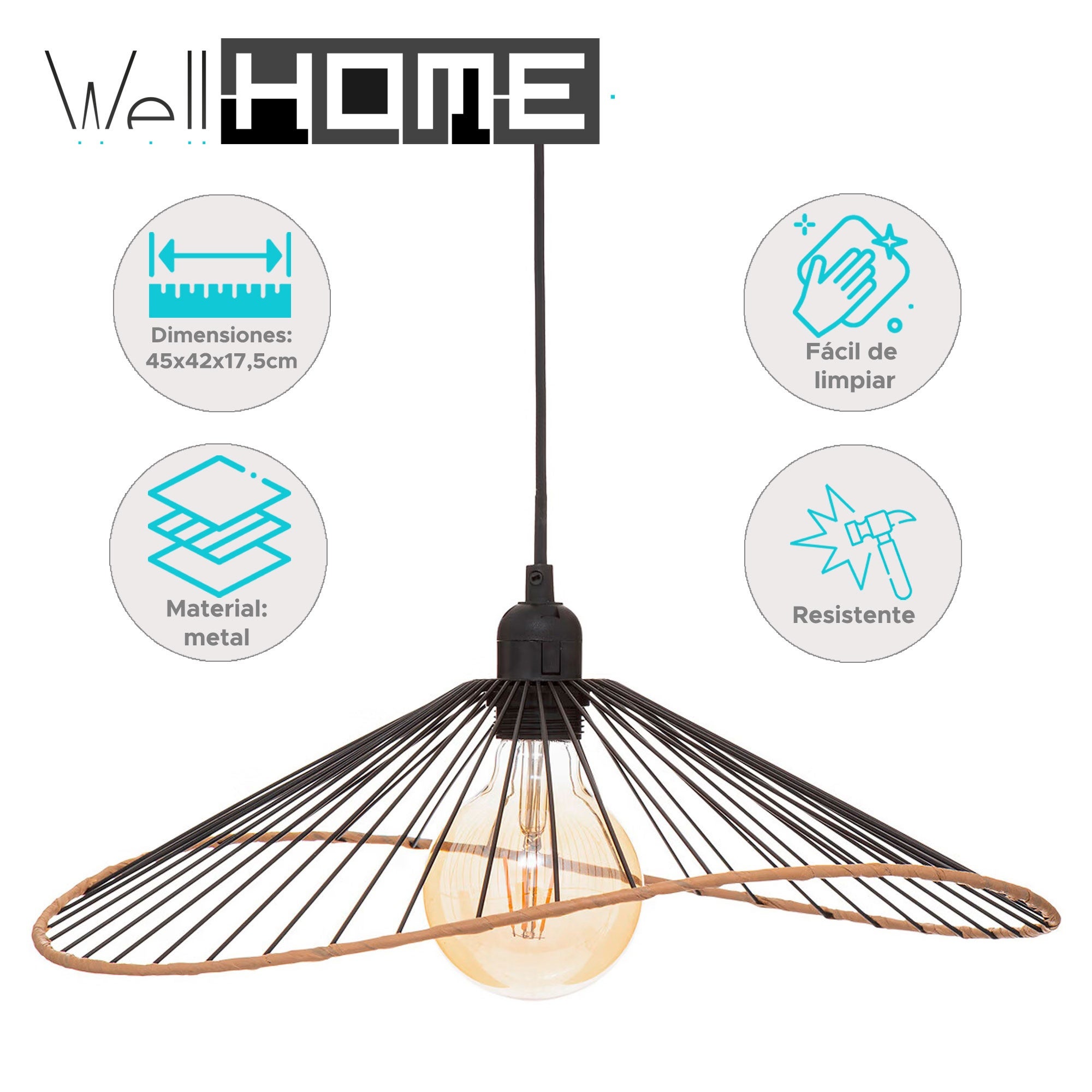 WELLHOME Lámpara Colgante de Techo Pantalla Metal Ø43x46cm - 2