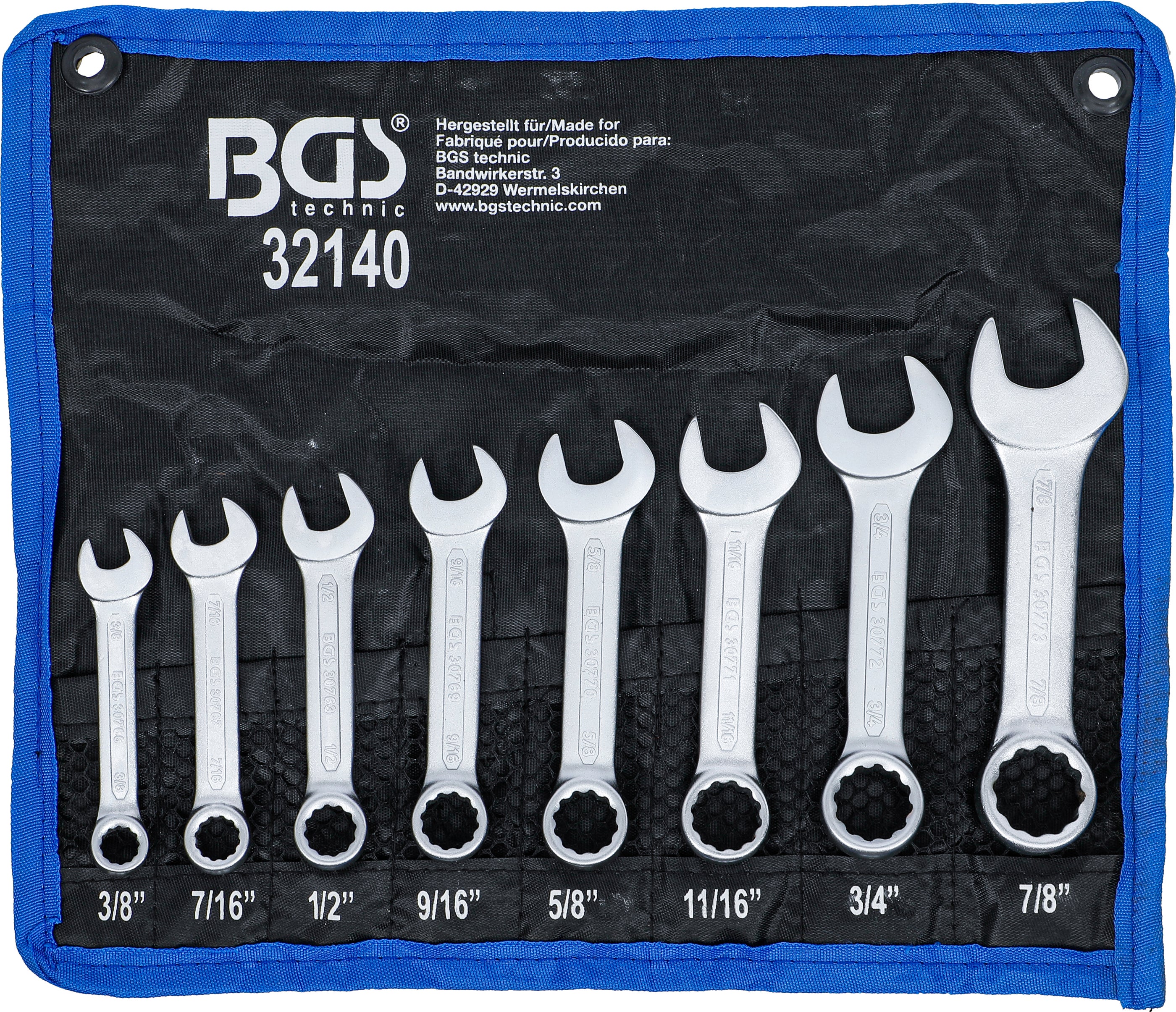 BGS Zestaw krótkich kluczy płasko-oczkowych calowych SW 3/8" - 7/8" 8szt. - 32140