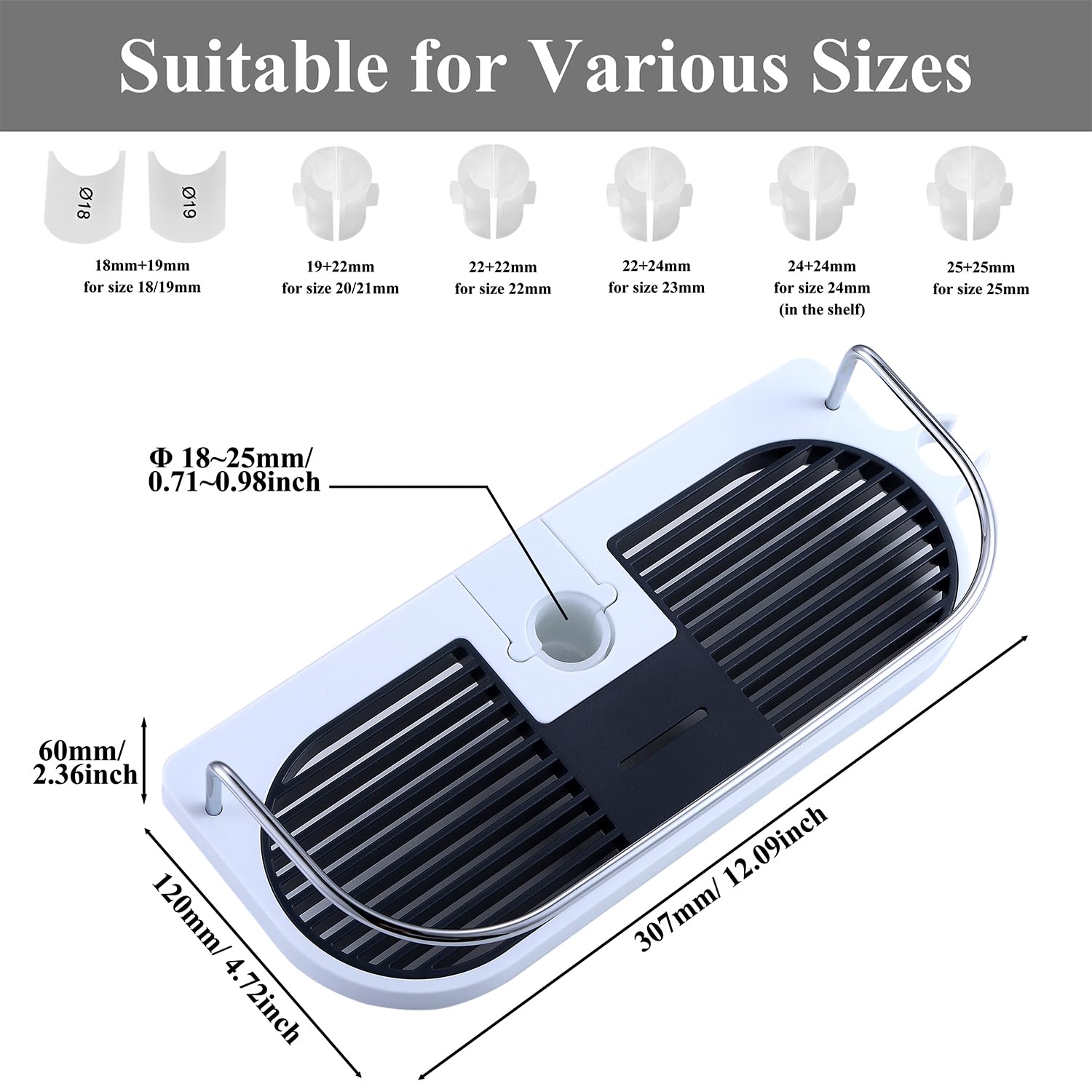 Étagère de douche sans perçage pour rail de douche, support organisateur de salle de bain pour shampoing, convient aux rails de 24 à 25 mm - 6