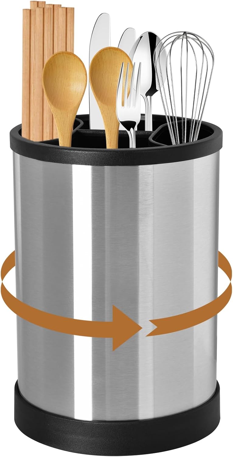 Obrotowy o 360° uchwyt na przybory kuchenne, stojak na przybory z 4 przegrodami, duży pojemnik na przybory kuchenne ze stali nierdzewnej, czarny