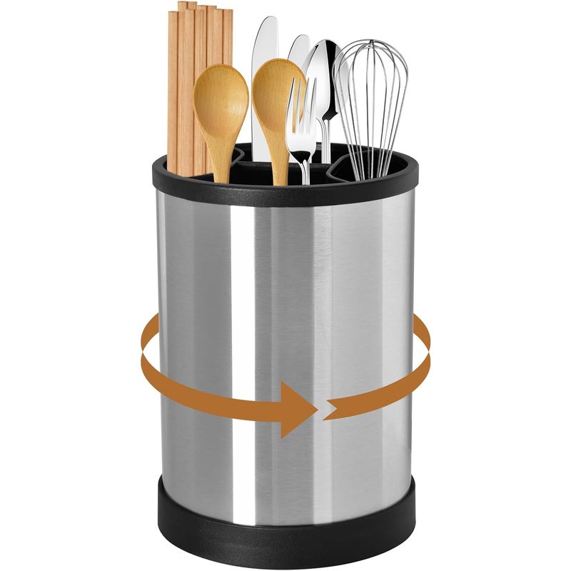 Obrotowy o 360° uchwyt na przybory kuchenne, stojak na przybory z 4 przegrodami, duży pojemnik na przybory kuchenne ze stali nierdzewnej, czarny