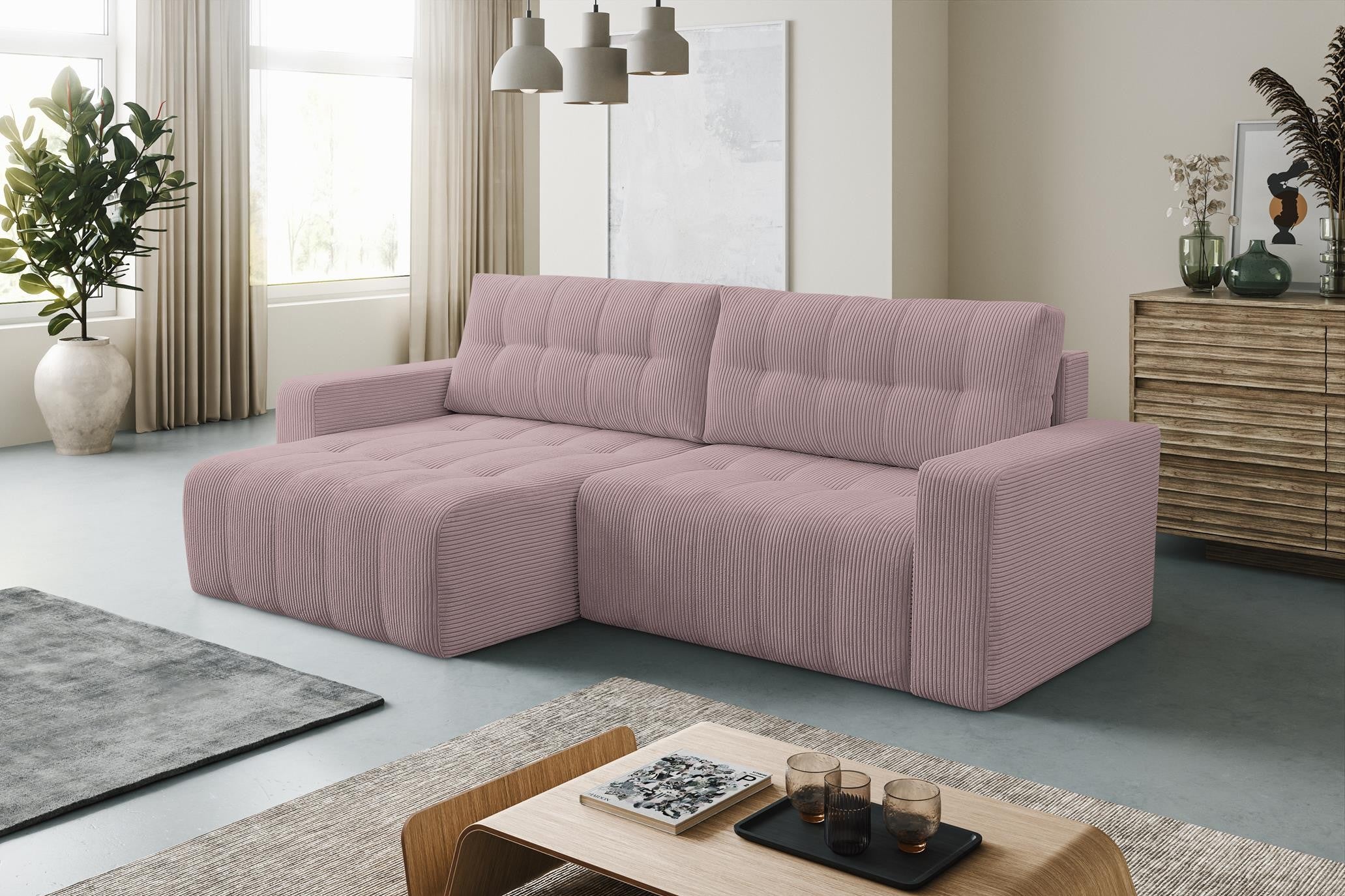 Sofa narożna MASINA różowa pikowana z funkcją spania i pojemnikiem na pościel - 2