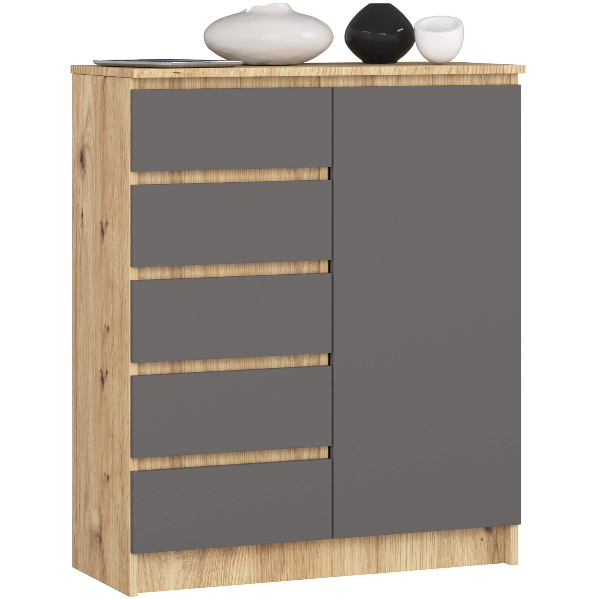 Komoda AKORD K80 Dąb Artisan 80 cm 1 drzwi 5 szuflad kolor Grafit Szary mat 3 półki 80x35x97 cm
