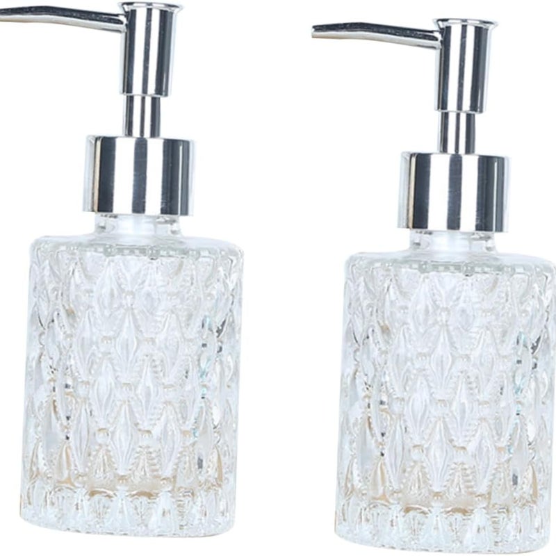 Zestaw 2 miękkich butelek z dozownikiem pompkowym do stosowania pod wanną, z pianką odporną na rdzę, przezroczystych i nowoczesnych.