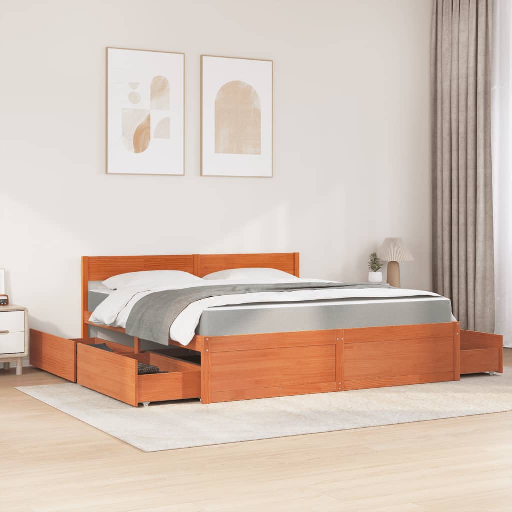 Lit avec tiroirs/matelas cire marron 180 x 200 cm bois massif de pin - 3