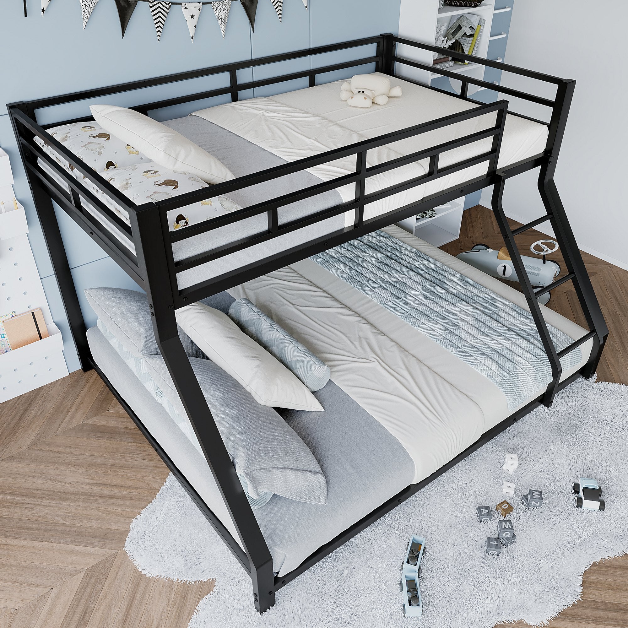 Lit superposé enfant 2/3 palces 90/140 x200cm Lit adulte Lit double en métal avec Escaliers Balustrades et Sommier à lattes - noir - 4